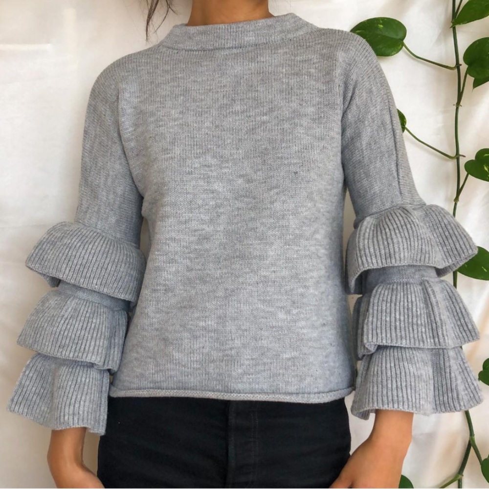 Only Light Gray Ruffle Sleeve Crew Neck Sweater